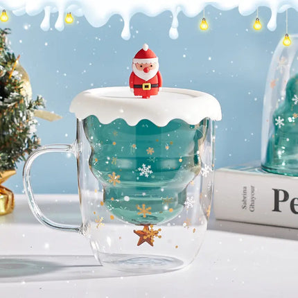 Mignon tasse d'arbre de Noël, tasse en verre à double couche de haute borosilicate avec poignée pour le lait, tasses à café résistantes à la chaleur Cadeaux de Noël HEBDO STORE