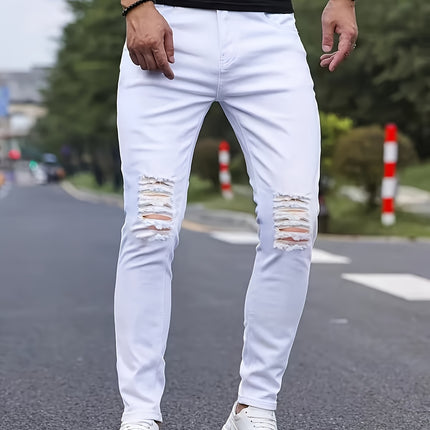 Stylish Men's Ripped Distressed Jeans - Chic Street Style Slim Fit Bottoms with Solid Cotton Blend Fabric, Comfortable Wear for All Seasons, Versatile and Fashionable HEBDO STORE