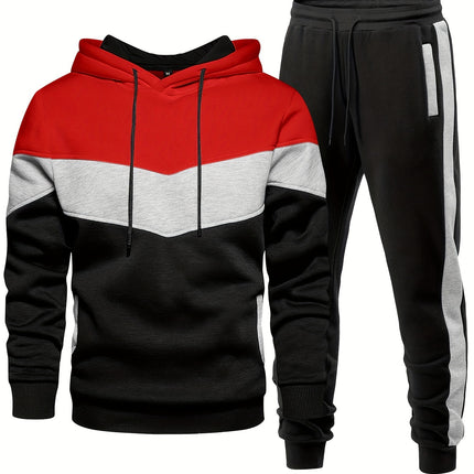 Men's Casual Hooded Sweatshirt And Sweatpants Set, Spring Autumn Winter Fashion, Sporty Pullover Hoodie With Color Block Design, Cozy Jogging Outfits, Athletic Track Suit HEBDO STORE