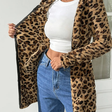 Women'S Casual Leopard Print Zipper Hooded Flannel Coat HEBDO