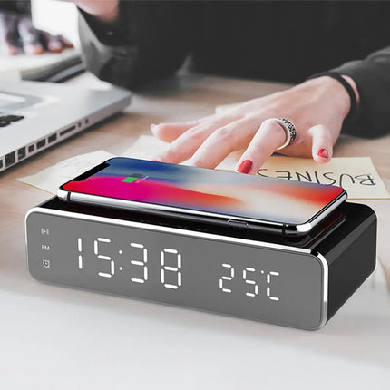 LED Electric Alarm Clock With Wireless Charger Desktop Digital Despertador Thermometer Clock HD Mirror Clock Watch Table Decor - Image #2