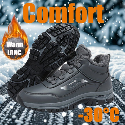 Men'S Winter Snow Boots, Solid Color, Non-Slip, Warm Plush Lining, Waterproof, Short Boot with Round Toe, with Buckle Closure, Durable TPR Sole, PU Upper, Fabric Insole, for Hiking, Outdoor, Daily & Casual Wear HEBDO STORE