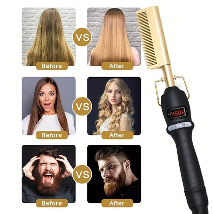 Professional Hot Comb With Digital Display - High Heat Ceramic Hair Press Comb For Thick Hair - Multifunctional Copper Hair Straightener - Gold - Premium  from FRANTZDOL STORE  - Just $39.99! Shop now at FRANTZDOL STORE 