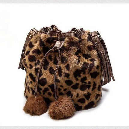 Trendy Plush Leopard Pattern Bucket Bag, Luxury Drawstring Crossbody Shoulder Purse For Women HEBDO