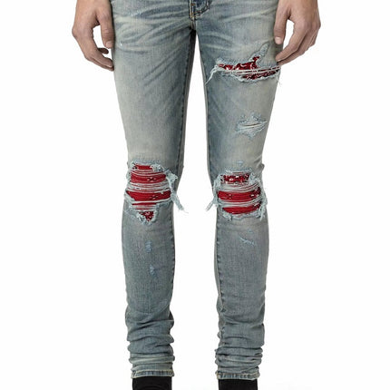 Red Printed Pleated Elastic Light Colored Jeans For Men HEBDO STORE