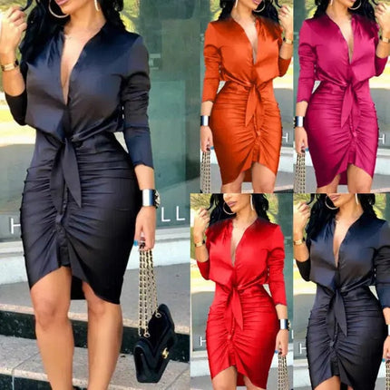 Women Lace-up Solid Color Long Sleeve Midi Dress Shirt Dress Elegant Fashion Party Dress - Image #1