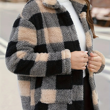 Plaid Print Patched Pockets Teddy Coat, Versatile Long Sleeve Single Breasted Winter Outwear, Women's Clothing HEBDO