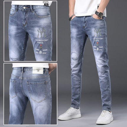 High-End Embroidered Ripped Slim-Fit Jeans HEBDO STORE