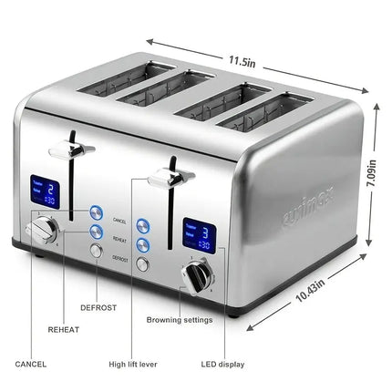 4 Slice Stainless Steel Cusimax Toaster with Ultra-Clear LED Display, Dual Control Panels of 6 Shade Settings & Extra Wide Slots, Cancel/Bagel/Defrost Function, Removable Crumb Trays HEBDO