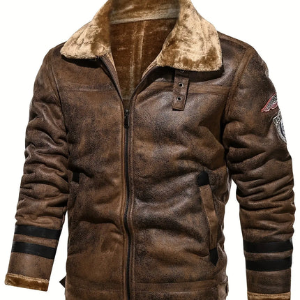 1pc Men'S Winter Faux Leather Jacket with Lapel Collar and Sherpa Lining - Solid Color, Non-Stretch Fabric, Long Sleeve, Regular Fit, Zipper Closure, Woven Polyester Lining, with Pockets - Ideal for Hiking & Outdoor Activitie HEBDO