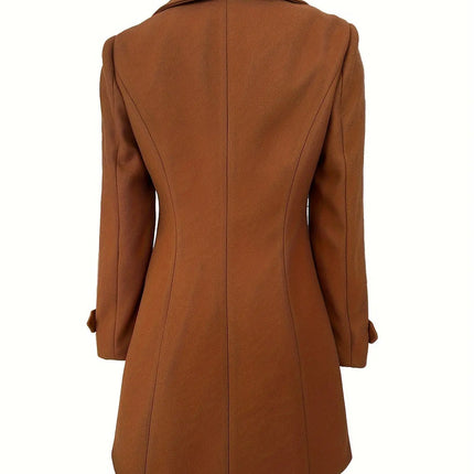 Elegant Polyester Trench Coat for Women - Solid Color, Double-Breasted, Woven, with Faux Buttons, Autumn/Winter Collection HEBDO