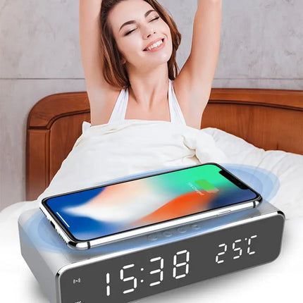 LED Electric Alarm Clock With Wireless Charger Desktop Digital Despertador Thermometer Clock HD Mirror Clock Watch Table Decor - Image #5