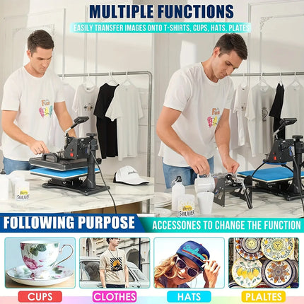 Heat Press 5 in 1 Multifunctional Tshirt Press Machine 15"x12" Digital Industrial Heat Transfer Machine, Swing Away Sublimation Heat Press Machine for T Shirts/Mug/Cap/Plate/DIY HEBDO