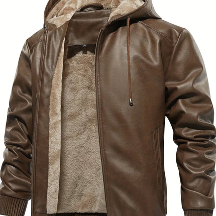 Thick Windproof Waterproof Men's Solid Color PU Leather Hooded Jacket for Spring Autumn HEBDO