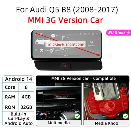 12.3 Android 14 System Car Radio Stereo For Audi Q5 8R 2008-2017 WiFi 4G LTE 8+128GB CarPlay BT IPS Touch Screen GPS HEBDO