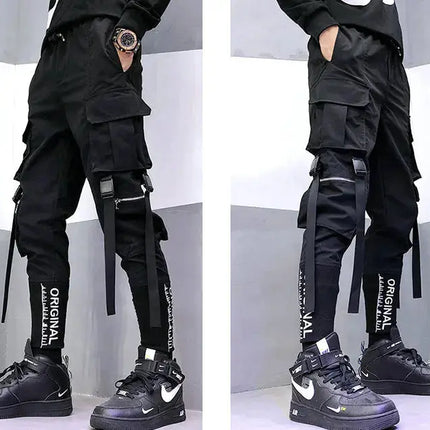 Hip Hop Men Ribbons Cargo Pants Fashion Harajuku 2024 New Elastic Waist Casual Streetwear Mens Joggers Trousers Black HEBDO