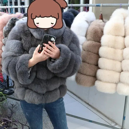 QUEENTINA Real Fur Short Coat Fashion Women Natural Fox Winter HEBDO