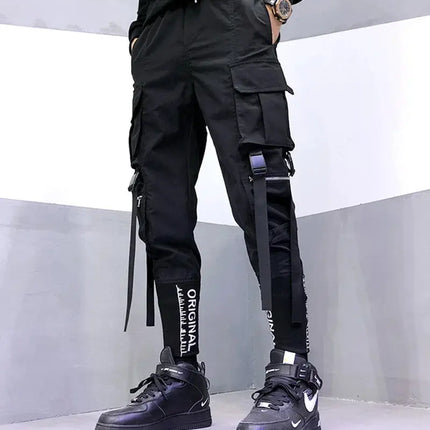 Hip Hop Men Ribbons Cargo Pants Fashion Harajuku 2024 New Elastic Waist Casual Streetwear Mens Joggers Trousers Black HEBDO