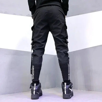 Hip Hop Men Ribbons Cargo Pants Fashion Harajuku 2024 New Elastic Waist Casual Streetwear Mens Joggers Trousers Black HEBDO