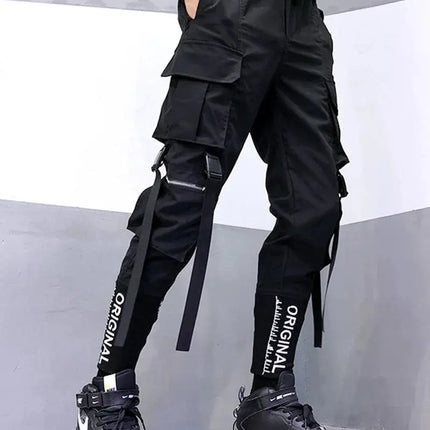 Hip Hop Men Ribbons Cargo Pants Fashion Harajuku 2024 New Elastic Waist Casual Streetwear Mens Joggers Trousers Black HEBDO