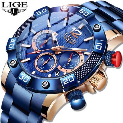 LIGE  New Fashion Blue Mens Watches Top Brand Luxury Clock Sports Chronograph Waterproof Quartz Watch Men Relogio Masculino HEBDO STORE