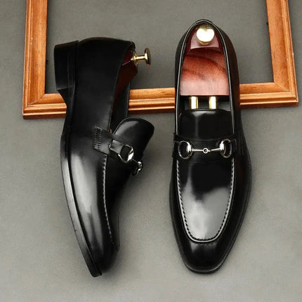 Large Size EUR45 Black Mens Loafers Casual Business Shoes Genuine Leather Wedding Dress Shoes With Buckle HEBDO STORE