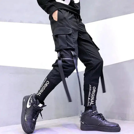 Hip Hop Men Ribbons Cargo Pants Fashion Harajuku 2024 New Elastic Waist Casual Streetwear Mens Joggers Trousers Black HEBDO