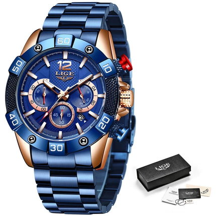 LIGE  New Fashion Blue Mens Watches Top Brand Luxury Clock Sports Chronograph Waterproof Quartz Watch Men Relogio Masculino HEBDO STORE