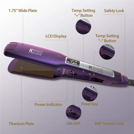 2024 KIPOZI Professional Titanium Flat Iron Hair Straightener with Digital LCD Display Dual Voltage Instant Heating Curling Iron HEBDO STORE