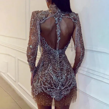 2021 New Style Women's Evening Full Dress Fashion Sequins High Neck Long Sleeve Dresses For Women Bridesmaid Dress HEBDO STORE