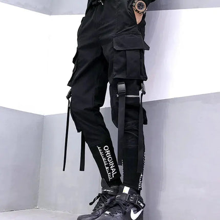 Hip Hop Men Ribbons Cargo Pants Fashion Harajuku 2024 New Elastic Waist Casual Streetwear Mens Joggers Trousers Black HEBDO