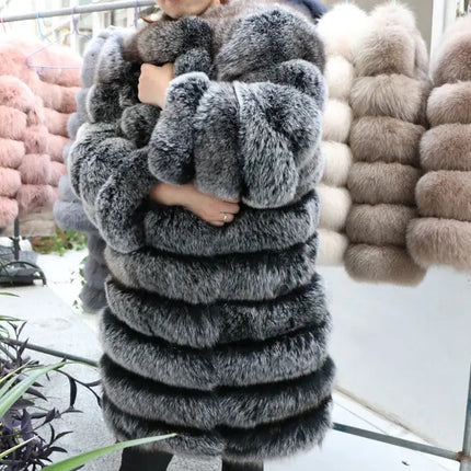 QUEENTINA Real Fox Fur Coat Winter Women's Long Sleeves Clothing HEBDO