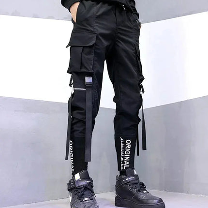 Hip Hop Men Ribbons Cargo Pants Fashion Harajuku 2024 New Elastic Waist Casual Streetwear Mens Joggers Trousers Black HEBDO