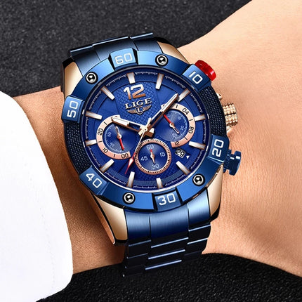 LIGE  New Fashion Blue Mens Watches Top Brand Luxury Clock Sports Chronograph Waterproof Quartz Watch Men Relogio Masculino HEBDO STORE