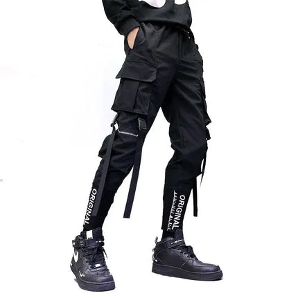 Hip Hop Men Ribbons Cargo Pants Fashion Harajuku 2024 New Elastic Waist Casual Streetwear Mens Joggers Trousers Black HEBDO