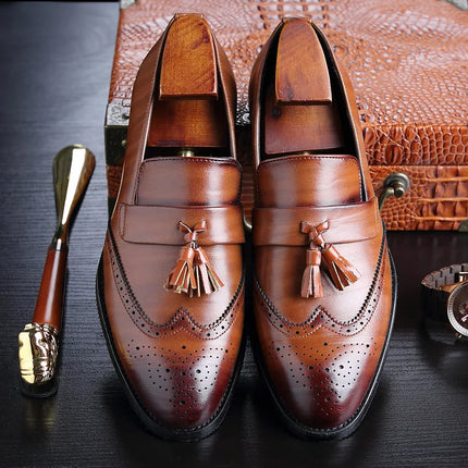 Plus Size 38-46 Men Leather Tassel  Carving Wingtips Brogues Shoes HEBDO STORE