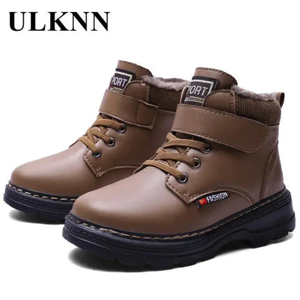 Boy's Plush Leather Boats Kid's Winter Brown Velvet Padded Kids Casual Shoes Baby Girls Snow Boots Cotton 4-16Y Children Hebdo Store