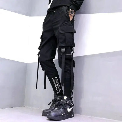 Hip Hop Men Ribbons Cargo Pants Fashion Harajuku 2024 New Elastic Waist Casual Streetwear Mens Joggers Trousers Black HEBDO