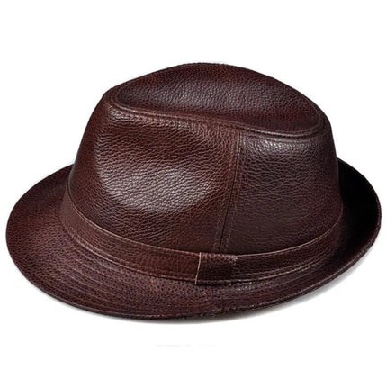 YNew 2023 Man High Quality Genuine Leather Jazz Fedora Gentleman Cow Skin Short Brim Black/Brown Top Hat Male Shows Topper Hebdo Store