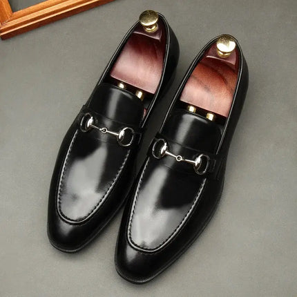 Large Size EUR45 Black Mens Loafers Casual Business Shoes Genuine Leather Wedding Dress Shoes With Buckle HEBDO STORE