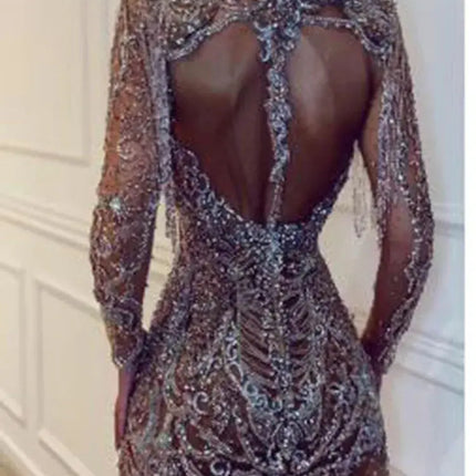 2021 New Style Women's Evening Full Dress Fashion Sequins High Neck Long Sleeve Dresses For Women Bridesmaid Dress HEBDO STORE