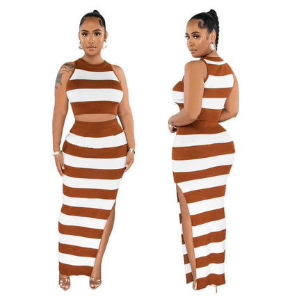 Striped Printed Slit Skirt Two-piece Suit HEBDO STORE