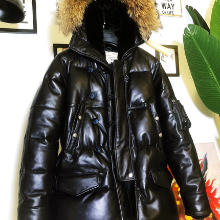 Mens Genuine Sheep Leather 90% Duck Feather Down Jacket Long Coat HEBDO STORE