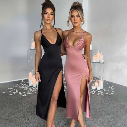 Spaghetti Strap Dress With Split Design Deep V-neck Sleeveless Backless Bodycon Party Dresses For Womens Clothing HEBDO STORE