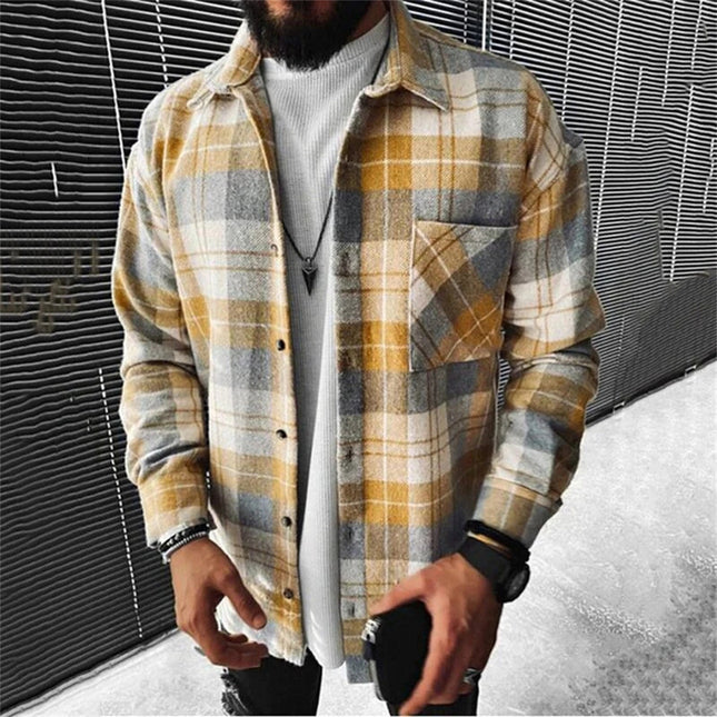 Men's Shirt Plaid Pocket Long Sleeve Shirt HEBDO STORE