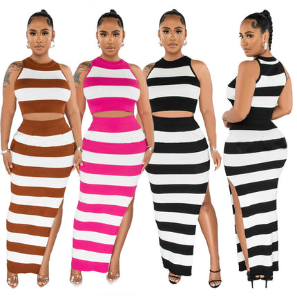 Striped Printed Slit Skirt Two-piece Suit HEBDO STORE