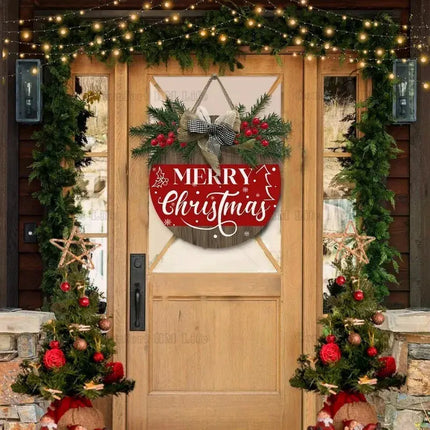 Merry Christmas Door Hanger Wooden Christmas Welcome Wreath Door Sign for Front Door Winter Xmas Holiday Outdoor Hanging Sign HEBDO STORE