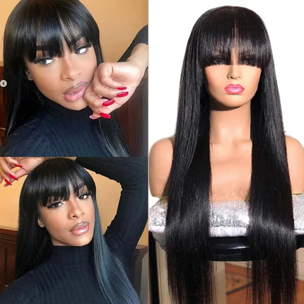 Brazilian Bone Straight Long 100% Human Hair Wigs With Bangs Natural Black Fringe Wig With Bangs For Women cheap wigs on Sale HEBDO STORE