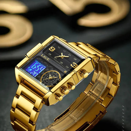 LIGE Top Brand Luxury Fashion Men Watches Gold Steel Sport Square Digital Analog Big Quartz Watch for Man Relogio Masculino+BOX HEBDO STORE