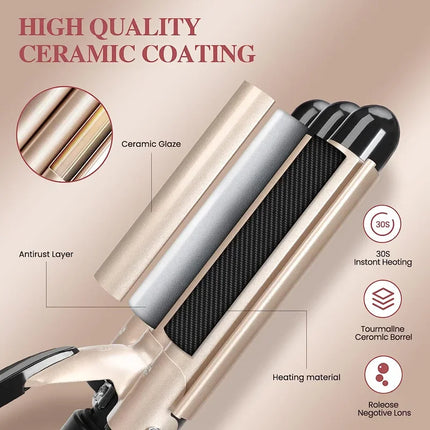 Curling Iron Wand With Lcd Temperature Display - 1 Inch Ceramic Tourmaline Triple Barrels Coating Hair Curler HEBDO STORE